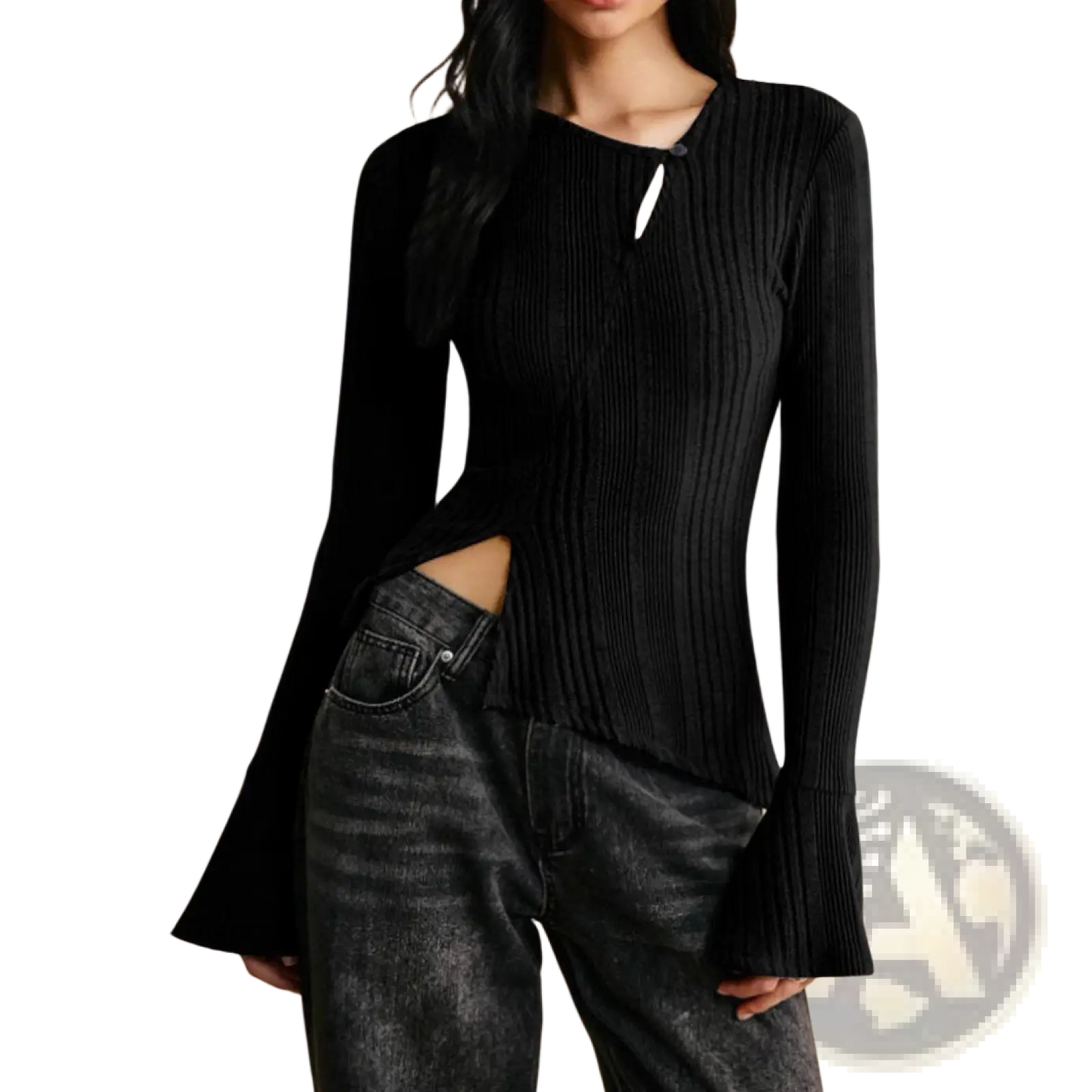 Ribbed Long Sleeve Cutout Top with Flared Hem