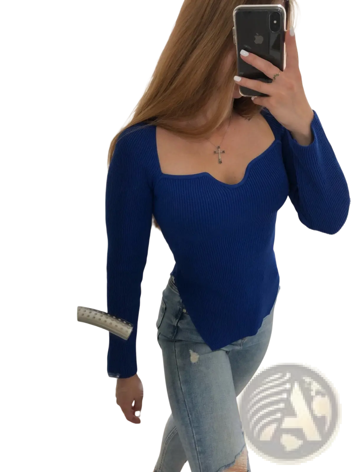 Ribbed Sweetheart Neck Long Sleeve Knit Pullover