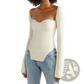 Ribbed Sweetheart Neck Long Sleeve Knit Pullover