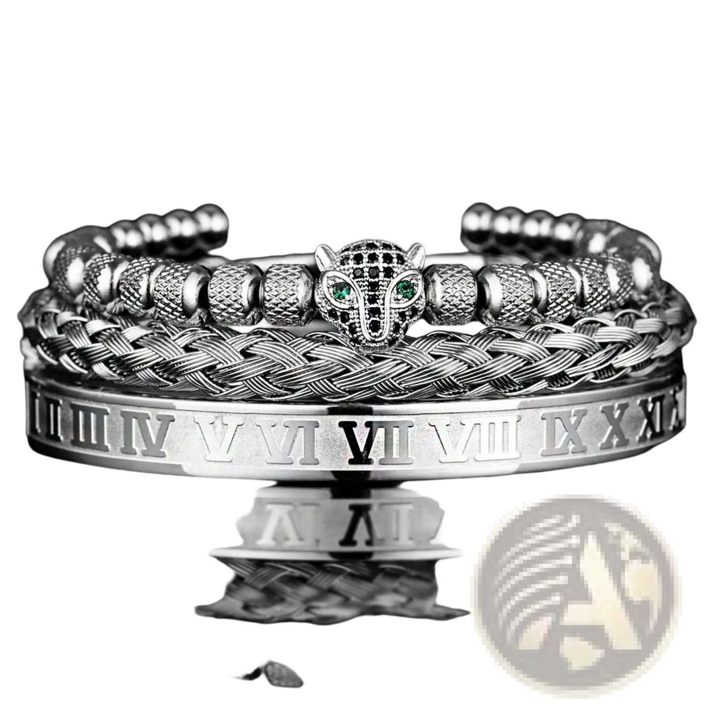 Roman Numeral Leopard Head Braided Leather Bracelet Set