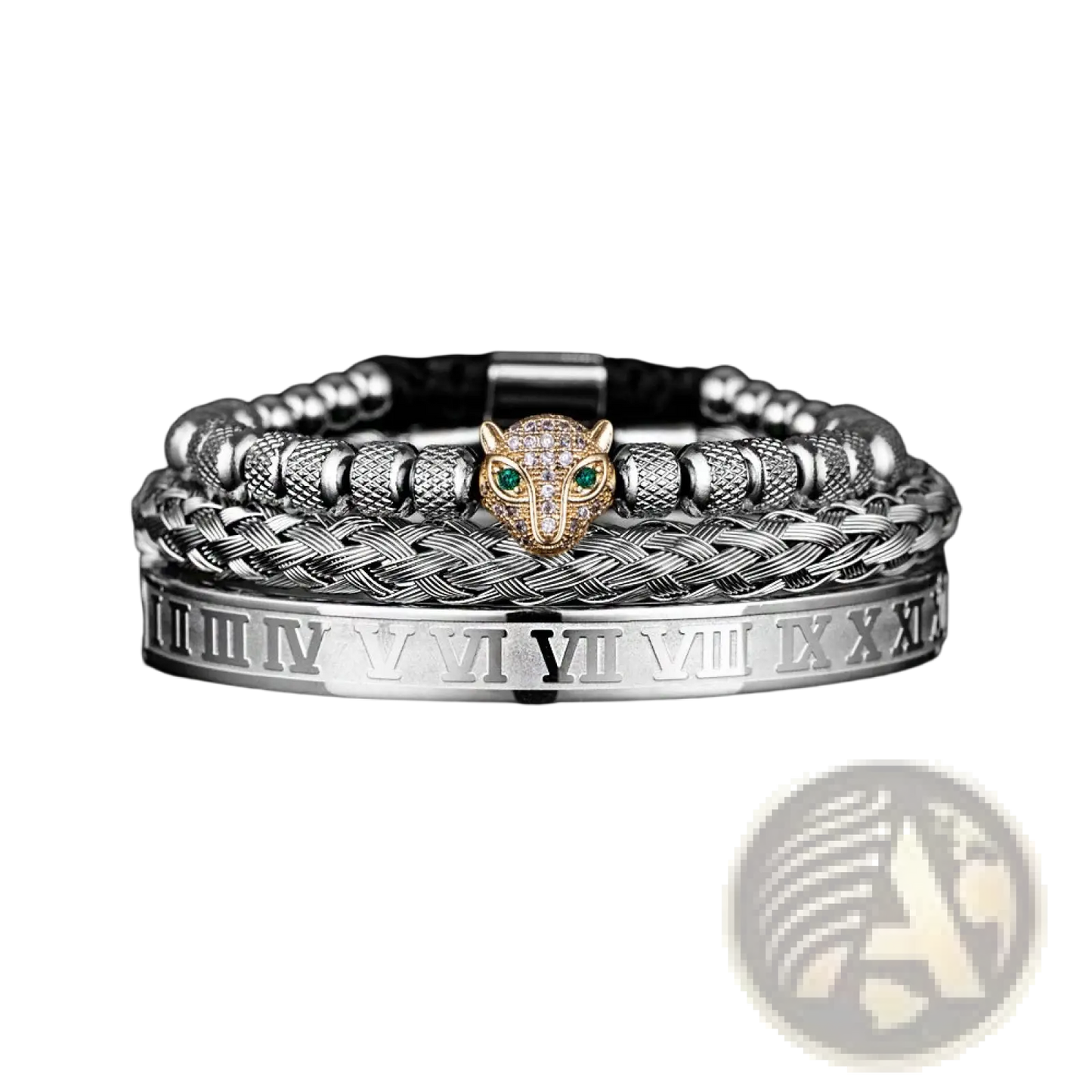 Roman Numeral Leopard Head Braided Leather Bracelet Set