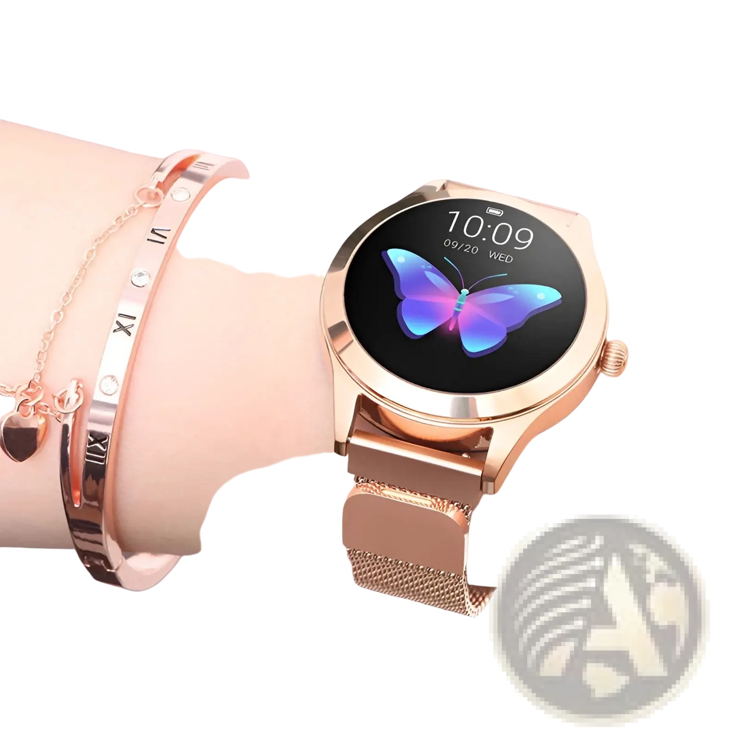 Rose Gold Butterfly Smartwatch with Stainless Steel Mesh Band