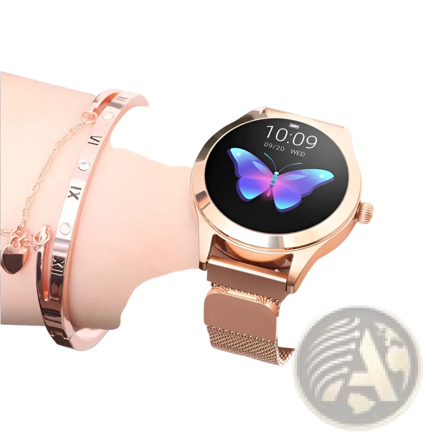 Rose Gold Butterfly Smartwatch with Stainless Steel Mesh Band