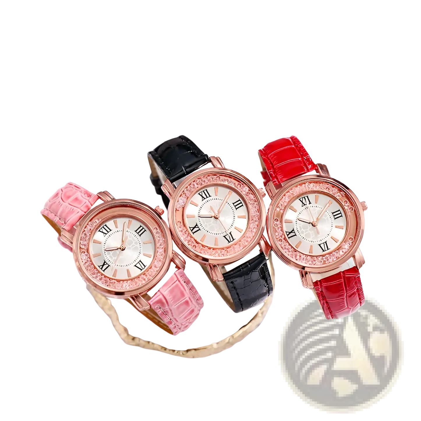 Rose Gold Quicksand Crystal Watch with Embossed Leather Strap