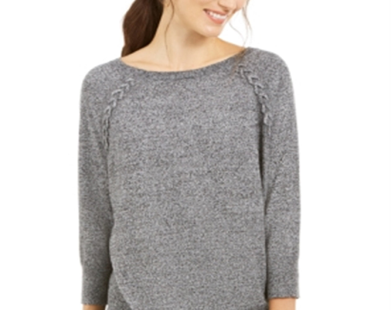 Style & Co Women's Lace up Chevron Trim Sweater Gray Size Petite P