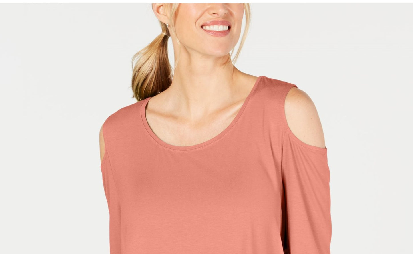 JM Collection Women's Cold Shoulder Solid 3/4 Sleeve Scoop Neck Top Pink Size Petite Medium