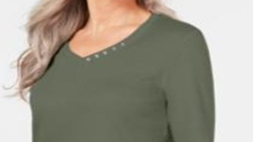 Karen Scott Women's Cotton V Neck Button Trim Top Green Size XXL