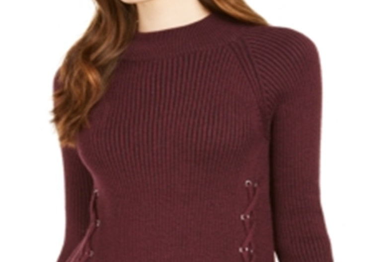 Style & Co Women's Mock Neck Lace up Ribbed Knit Sweater Purple Size XL