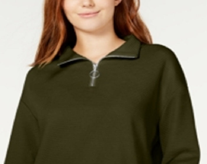 Crave Fame Junior's Waffle Knit Quarter Zip Top Green Size Medium