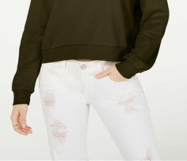 Crave Fame Junior's Waffle Knit Quarter Zip Top Green Size Medium