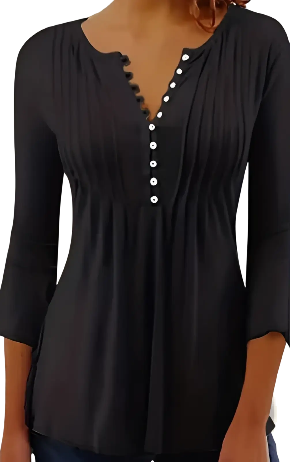 Ruched Button Front Crew Neck Long Sleeve Blouse