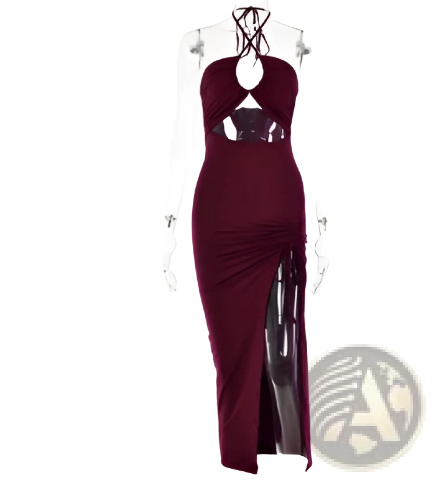 Ruched Halterneck Satin Split Maxi Dress