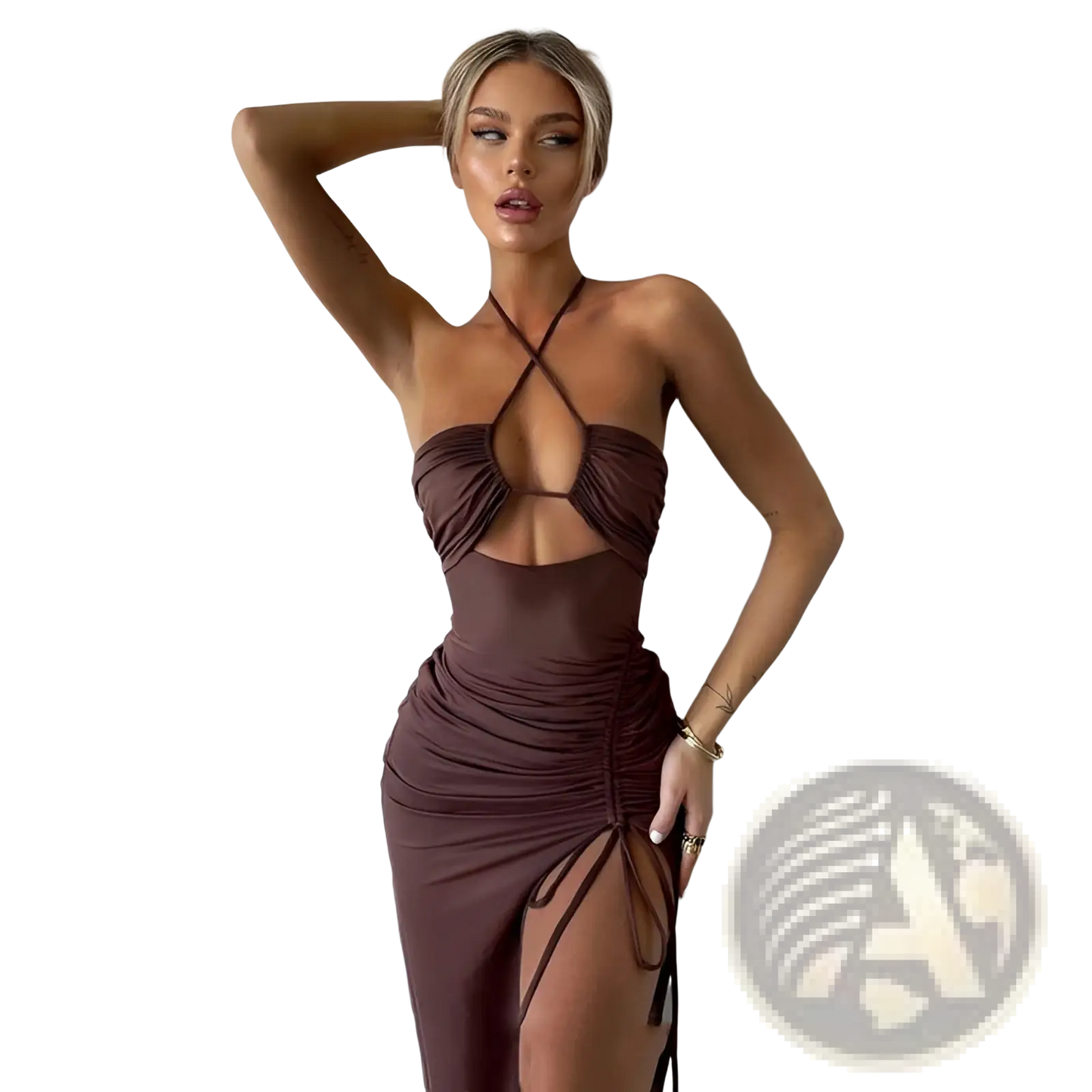 Ruched Halterneck Satin Split Maxi Dress