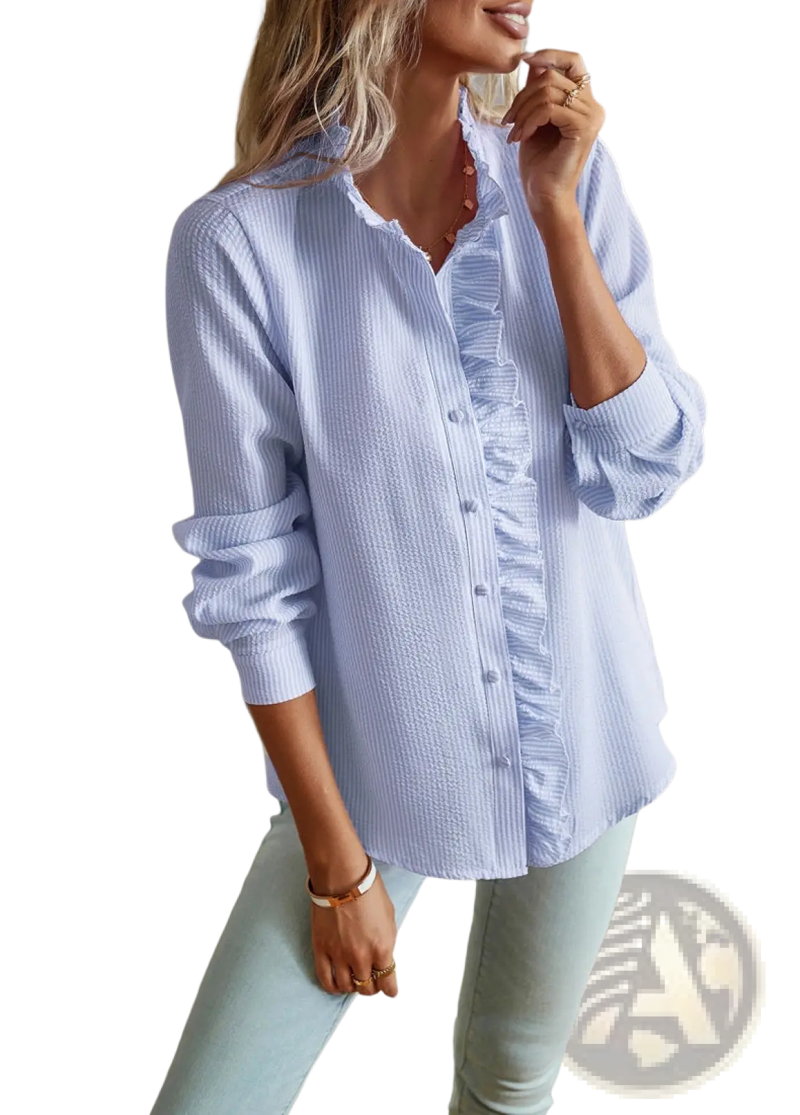 Ruffle Trim Textured Long Sleeve Button Up Blouse