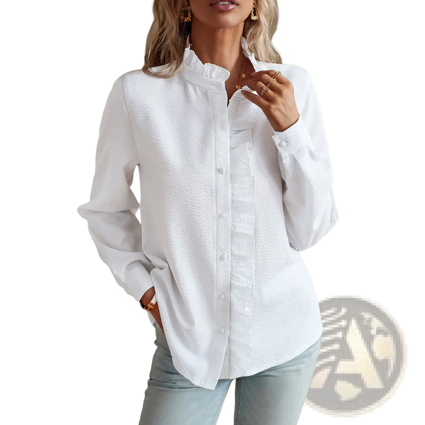 Ruffle Trim Textured Long Sleeve Button Up Blouse