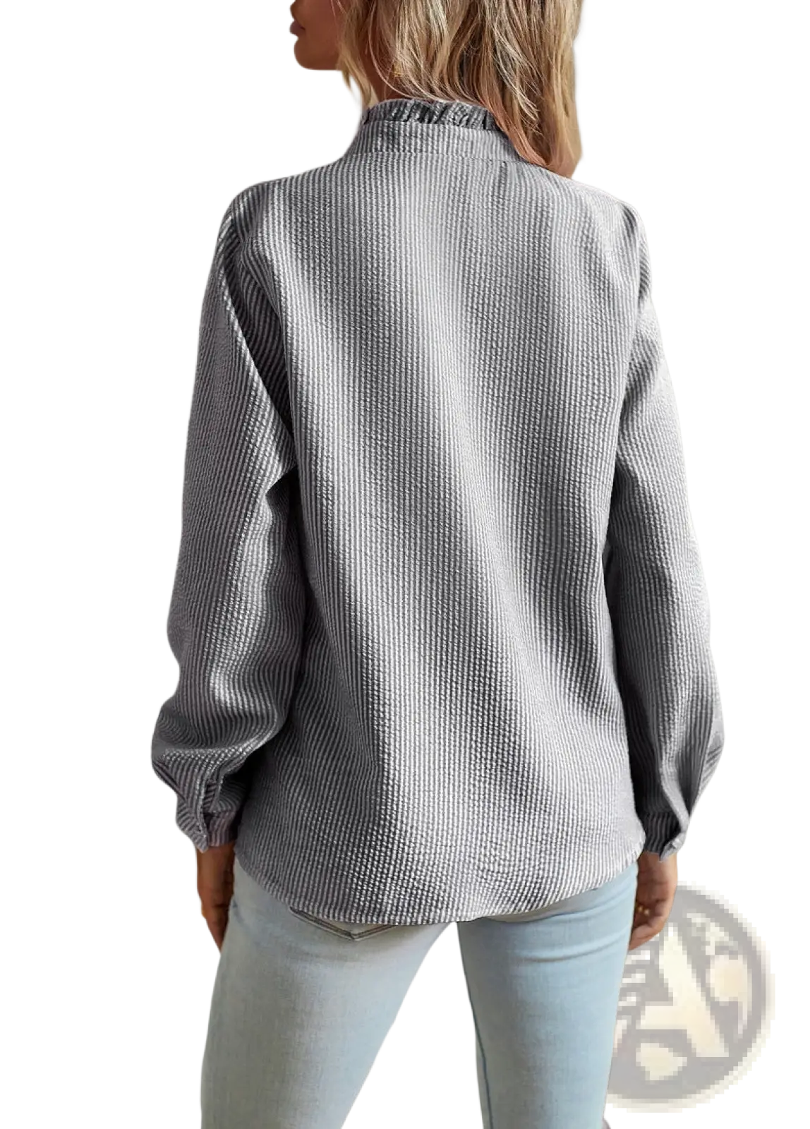 Ruffle Trim Textured Long Sleeve Button Up Blouse