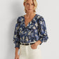 Ralph Lauren Women's Ruffled Smocked Relaxed Fit Curved Hem Floral Long Sleeve V Neck Wear To Work Button Up Top Blue Size X-Large
