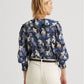 Ralph Lauren Women's Ruffled Smocked Relaxed Fit Curved Hem Floral Long Sleeve V Neck Wear To Work Button Up Top Blue Size X-Large