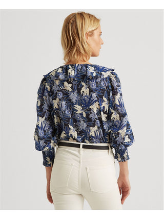 Ralph Lauren Women's Ruffled Smocked Relaxed Fit Curved Hem Floral Long Sleeve V Neck Wear To Work Button Up Top Blue Size X-Large