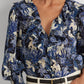 Ralph Lauren Women's Ruffled Smocked Relaxed Fit Curved Hem Floral Long Sleeve V Neck Wear To Work Button Up Top Blue Size X-Large