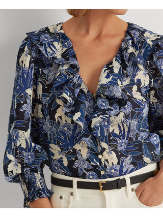 Ralph Lauren Women's Ruffled Smocked Relaxed Fit Curved Hem Floral Long Sleeve V Neck Wear To Work Button Up Top Blue Size X-Large