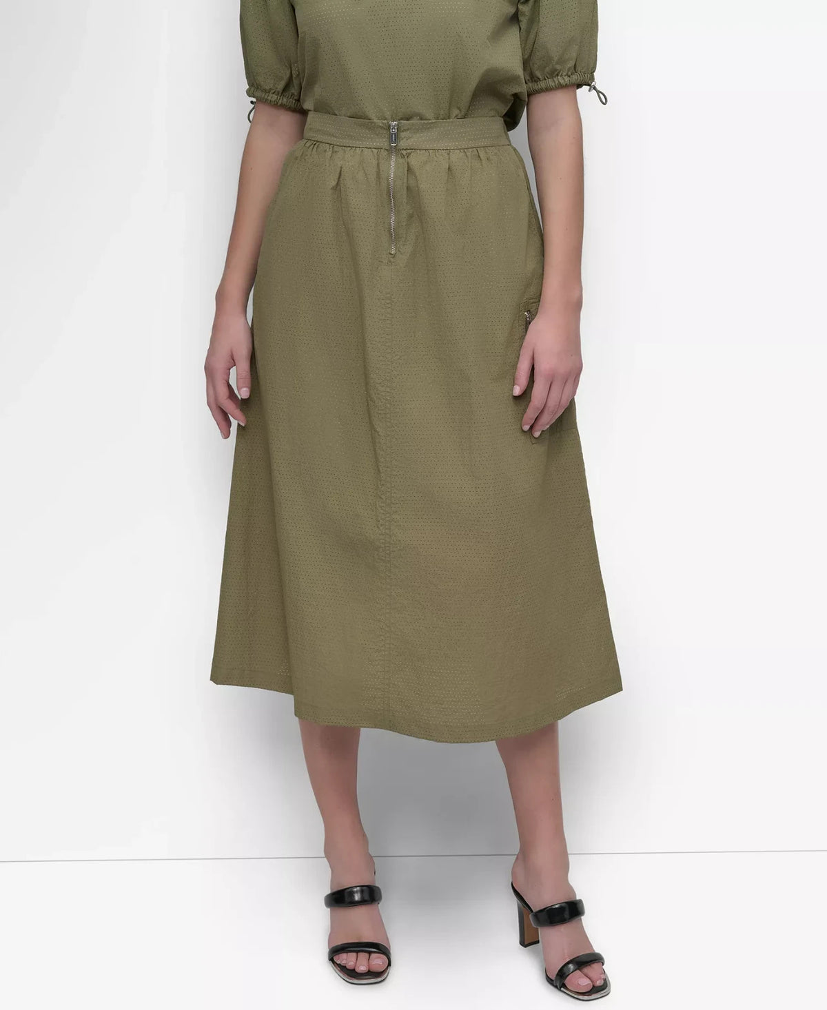 DKNY Womens Perforated Zip Front Midi Skirt