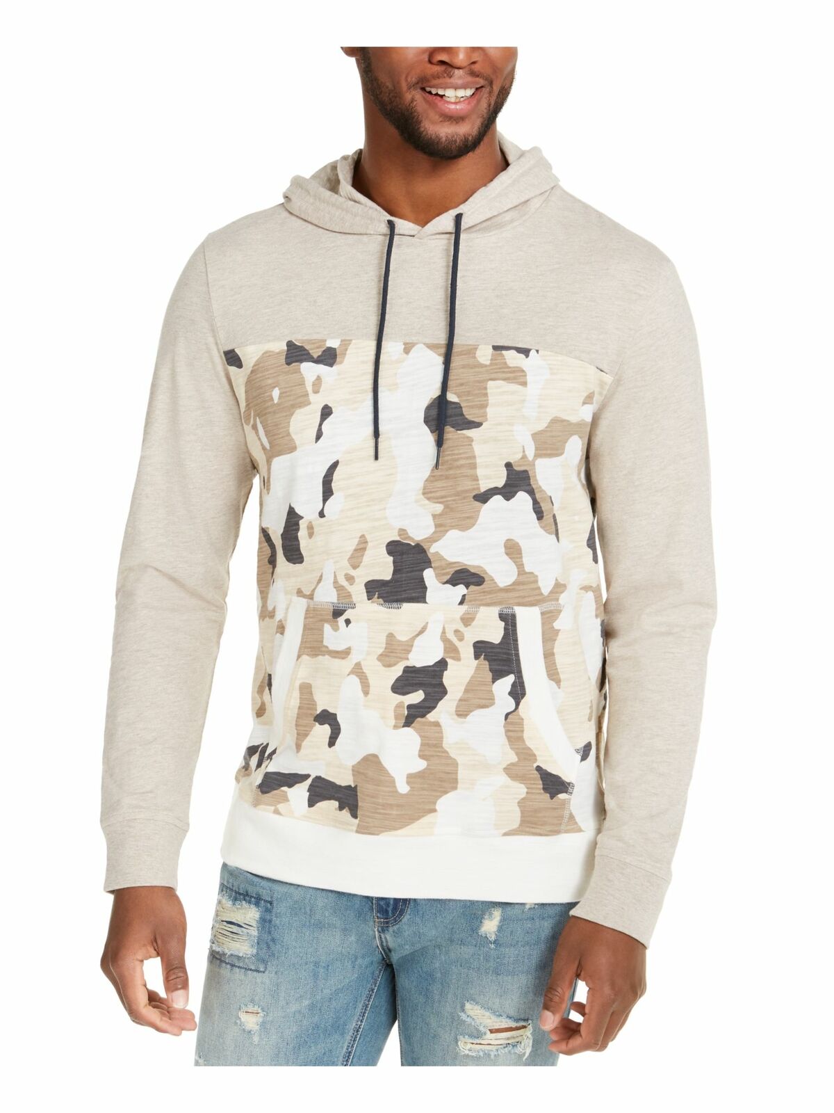 Sun + Stone Men's Camo Blocked Hoodie Beige khaki Size Small