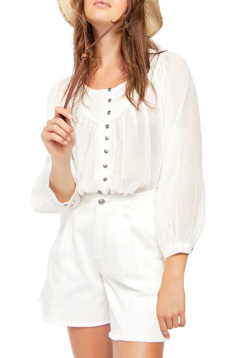 Free People Women's Cool Meadow Cotton Peasant Blouse White Size Large