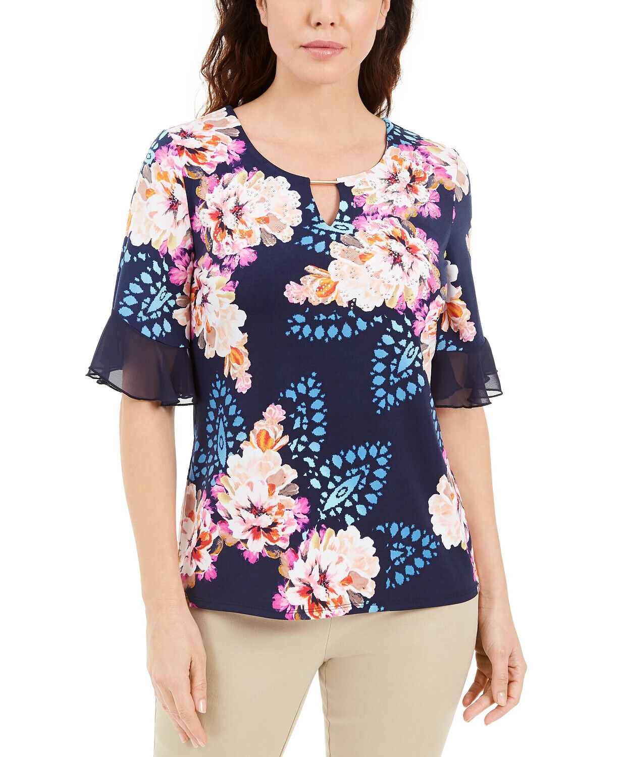 JM Collection Women's Liza Floral Print Keyhole Top Blue Size Medium