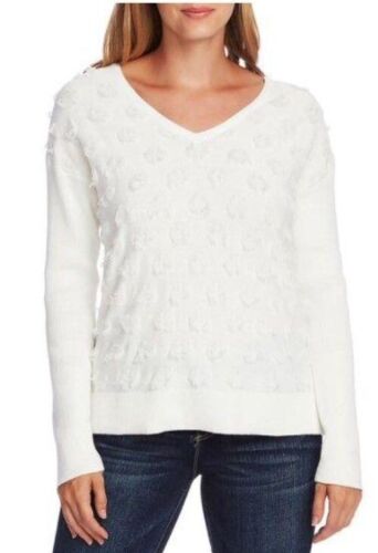 Vince Camuto Women's Floating Fringe Dot V Neck Sweater White Size X-Large
