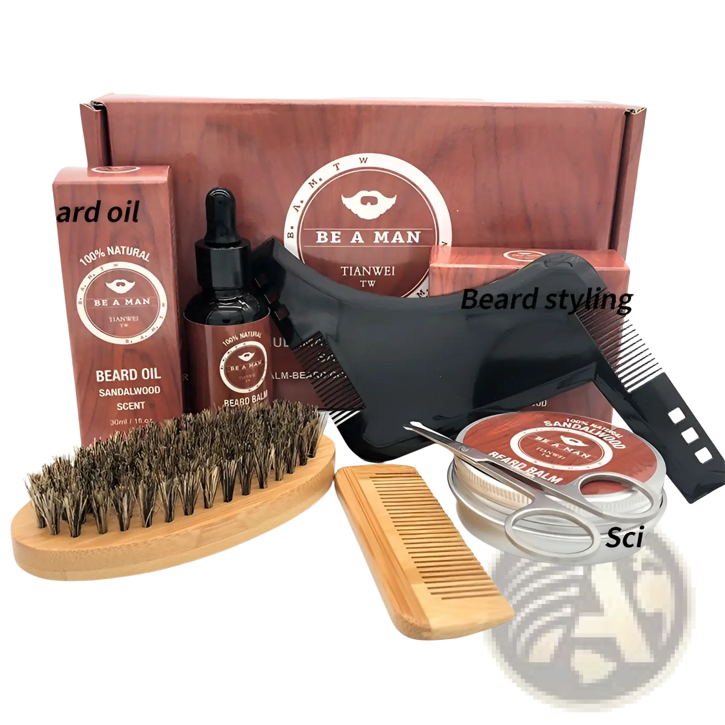 Sandalwood Beard Care Kit with Oil and Grooming Tools
