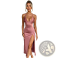Satin Deep v Neck Backless Midi Dress with Side Slit