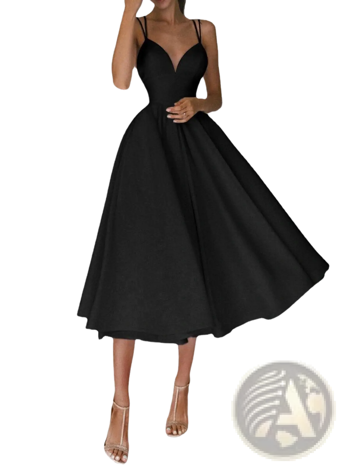 Satin v Neck Spaghetti Strap a Line Midi Dress