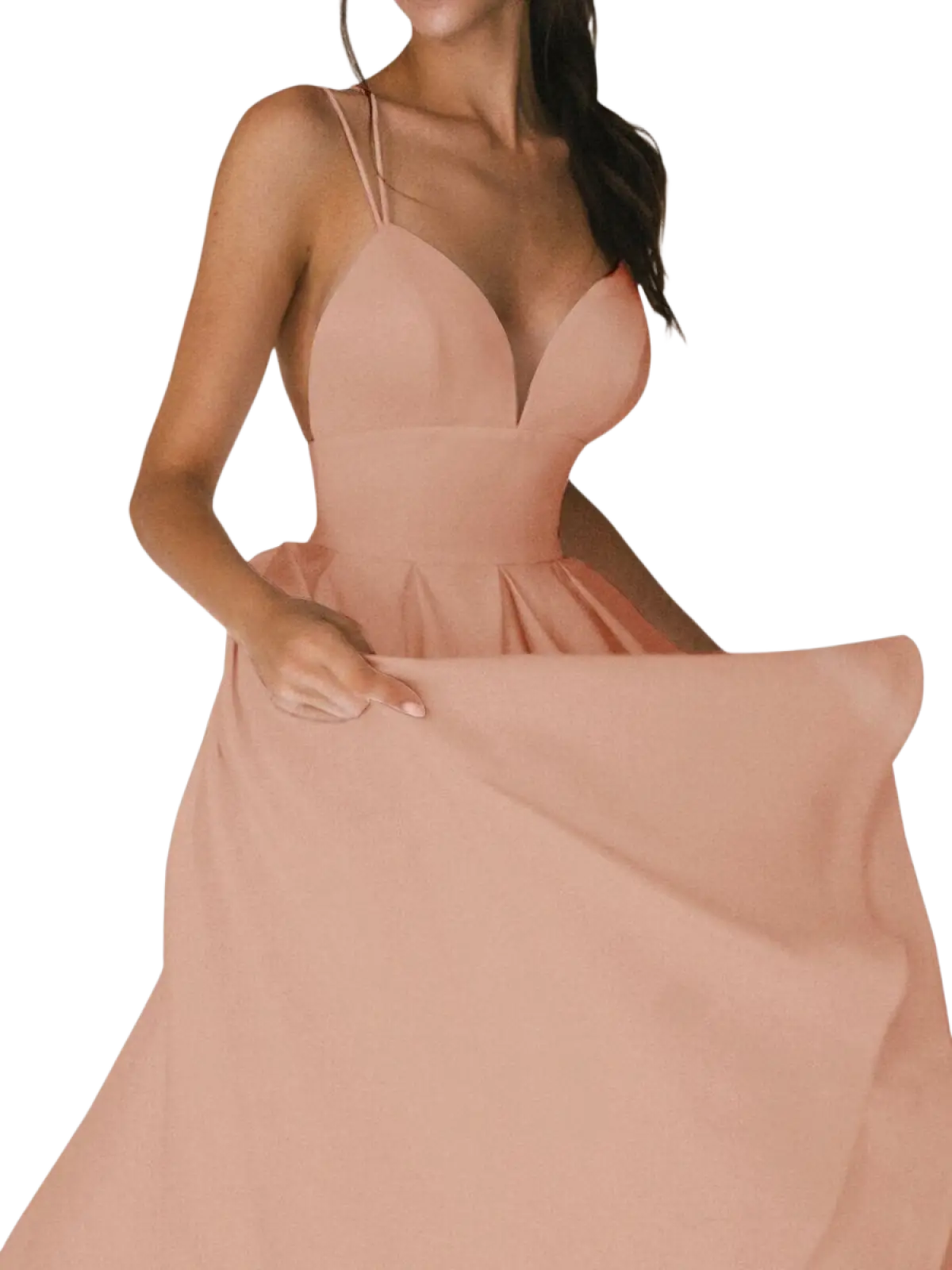 Satin v Neck Spaghetti Strap a Line Midi Dress