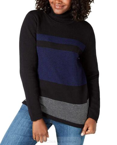 Karen Scott Women's Color blocked Cotton Turtleneck Sweater Bright Blue/Black Size Extra Large