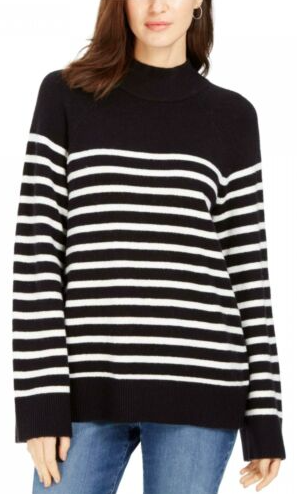 Charter Club Women's Striped Mockneck Sweater Black Size X-Large