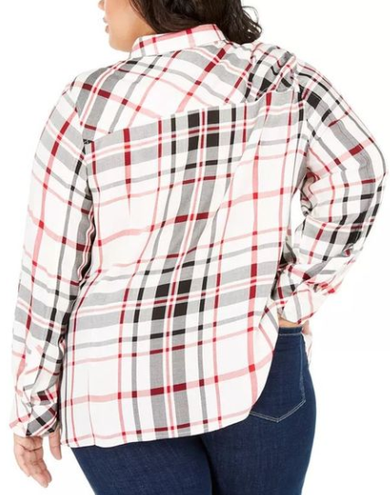 Tommy Hilfiger Women's Plus Size Plaid Button-Front Roll-Tab-Sleeve Top White Size 1X