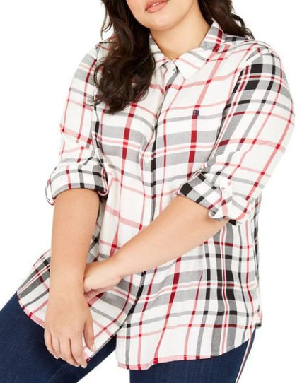 Tommy Hilfiger Women's Plus Size Plaid Button-Front Roll-Tab-Sleeve Top White Size 1X