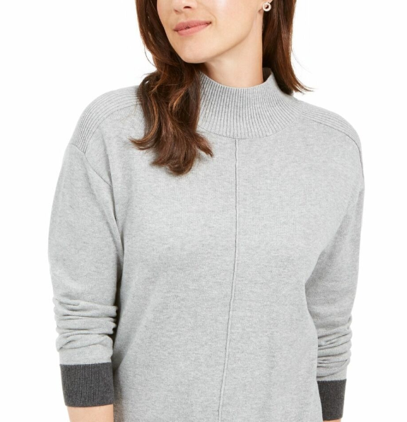 Karen Scott Women's Erin Cotton Colorblocked Mock Neck Sweater Gray Size Large