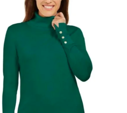 JM Collection Women's Stud Sleeve Pullover Turtleneck Sweater Green Size Small