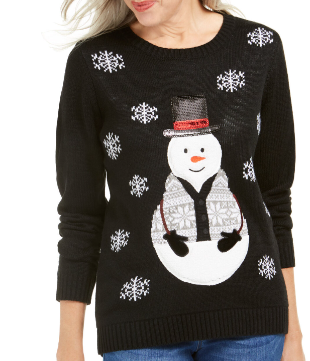 Karen Scott Women's Sequined Snowman Holiday Sweater Black Size Extra Large