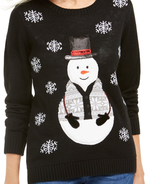 Karen Scott Women's Sequined Snowman Holiday Sweater Black Size Extra Large