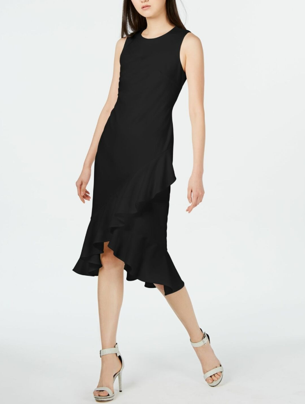 Calvin Klein Women's Sleeveless Ruffled Wrap-Hem Dress Black Size 4