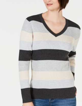 Karen Scott Women's Colorblocked V-Neck Cotton Sweater Gray Size Large