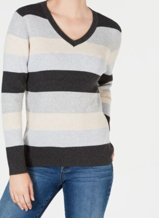 Karen Scott Women's Colorblocked V-Neck Cotton Sweater Gray Size Large