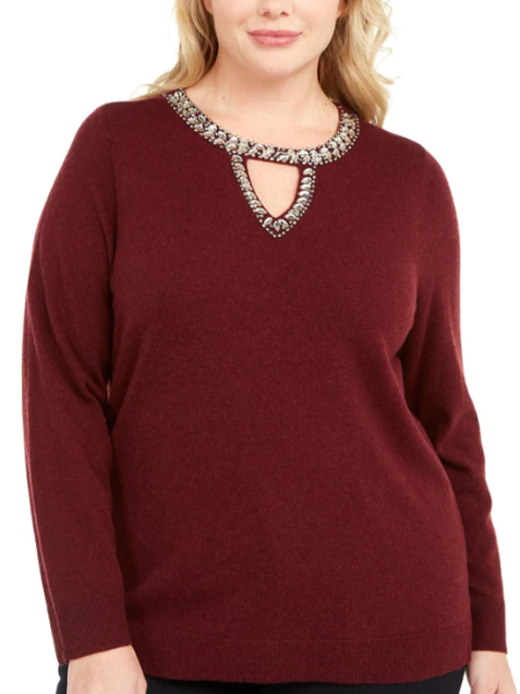INC International Concepts Women's Embellished Keyhole Sweater Wine Size Large