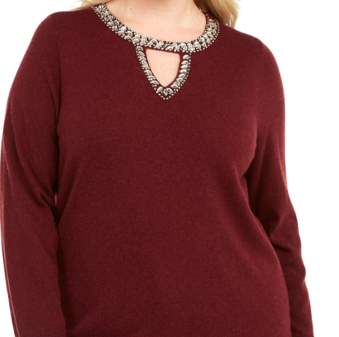 INC International Concepts Women's Embellished Keyhole Sweater Wine Size Large