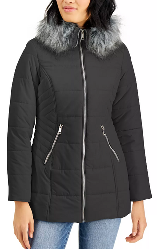 Maralyn & Me Juniors' Hooded Faux-Fur-Trim Puffer Coat Gray Size Small