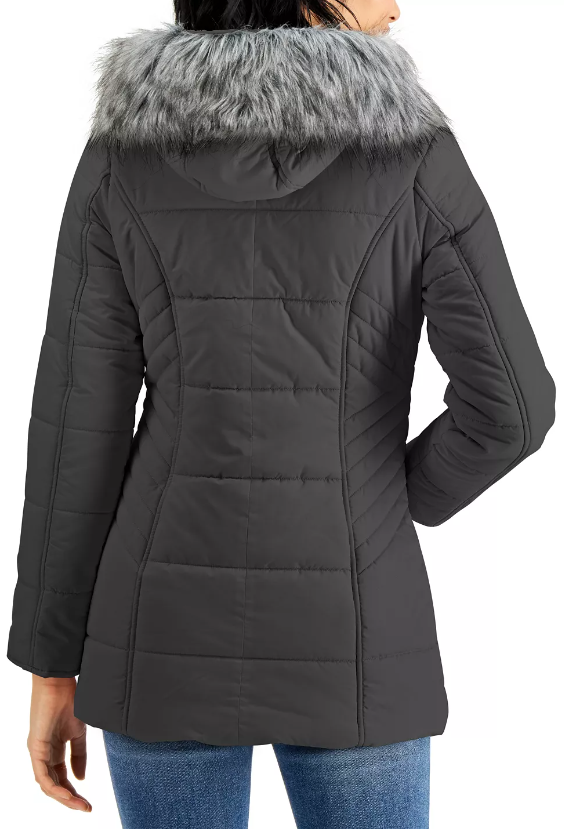 Maralyn & Me Juniors' Hooded Faux-Fur-Trim Puffer Coat Gray Size Small