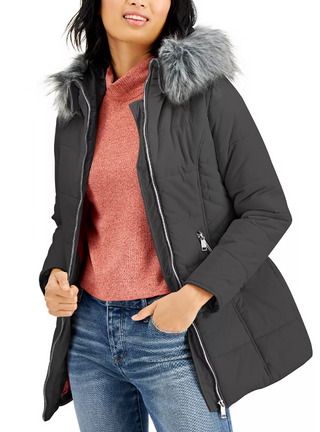 Maralyn & Me Juniors' Hooded Faux-Fur-Trim Puffer Coat Gray Size Small